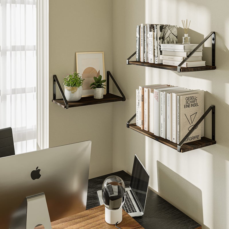 BAMEOS Floating Shelves Rustic Wood Wall Shelf, Small Bookshelf for Living Room, Office, Bedroom, with Metal Bracket - Image 2